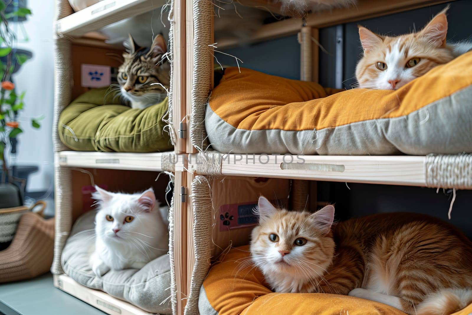 Three cats are sitting in a cat tree with a white cat on the top.