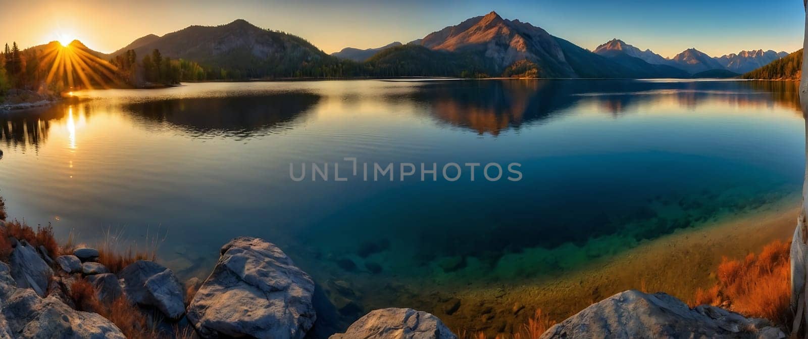 A beautiful lake surrounded by mountains with the sun rising over it.