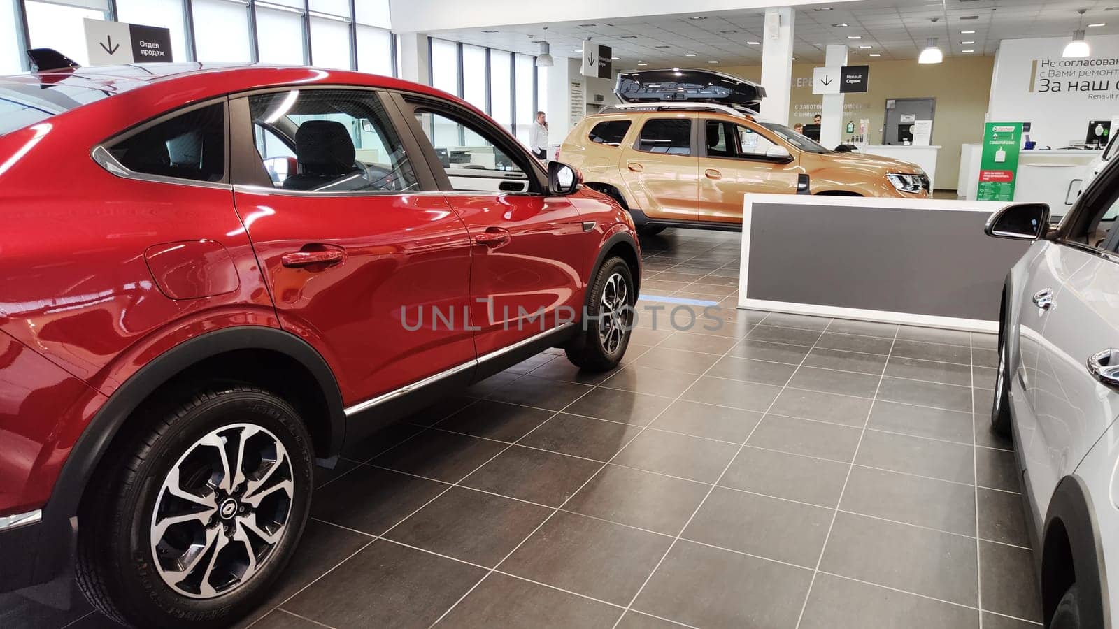 Cheboksary, Russia - March 20, 2023: Cars in showroom of dealership Renault