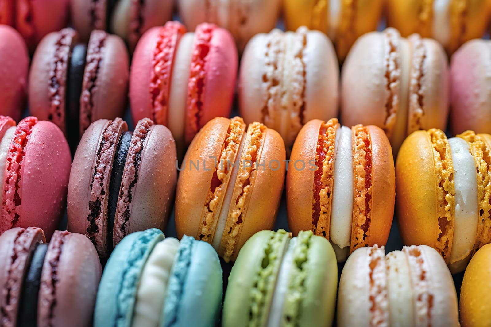 Horizontal background with dessert macarons of different flavors.