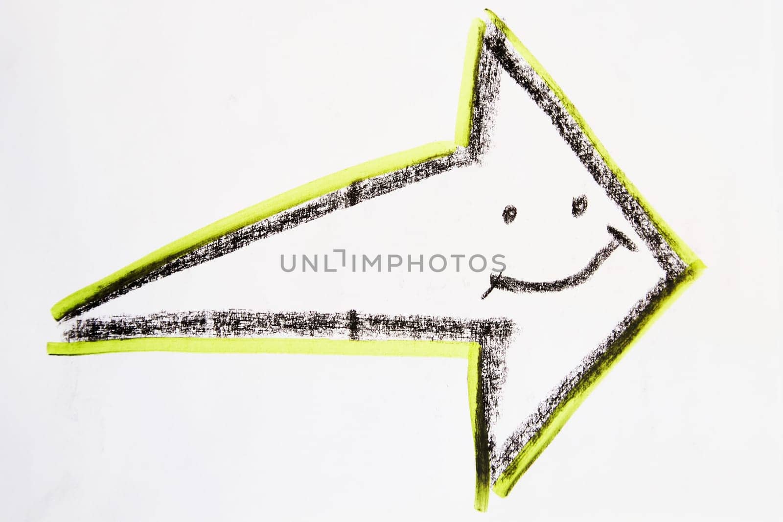 Cute bright neon, green and black arrow hand-drawn on white background. The concept of movement, change, and achievements in business