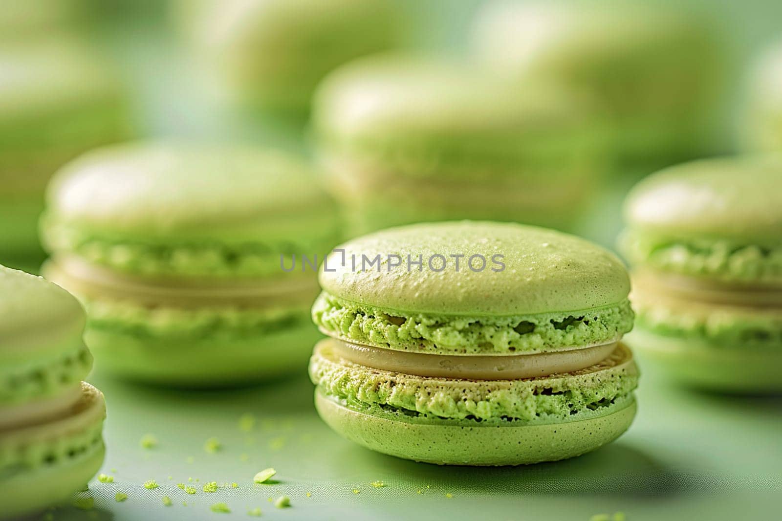 Homemade French macarons with mint crumble and pistachio filling.