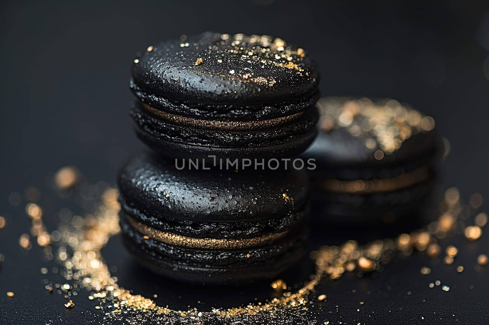 Three black macaroons with golden macaroon filling, macaroon background.