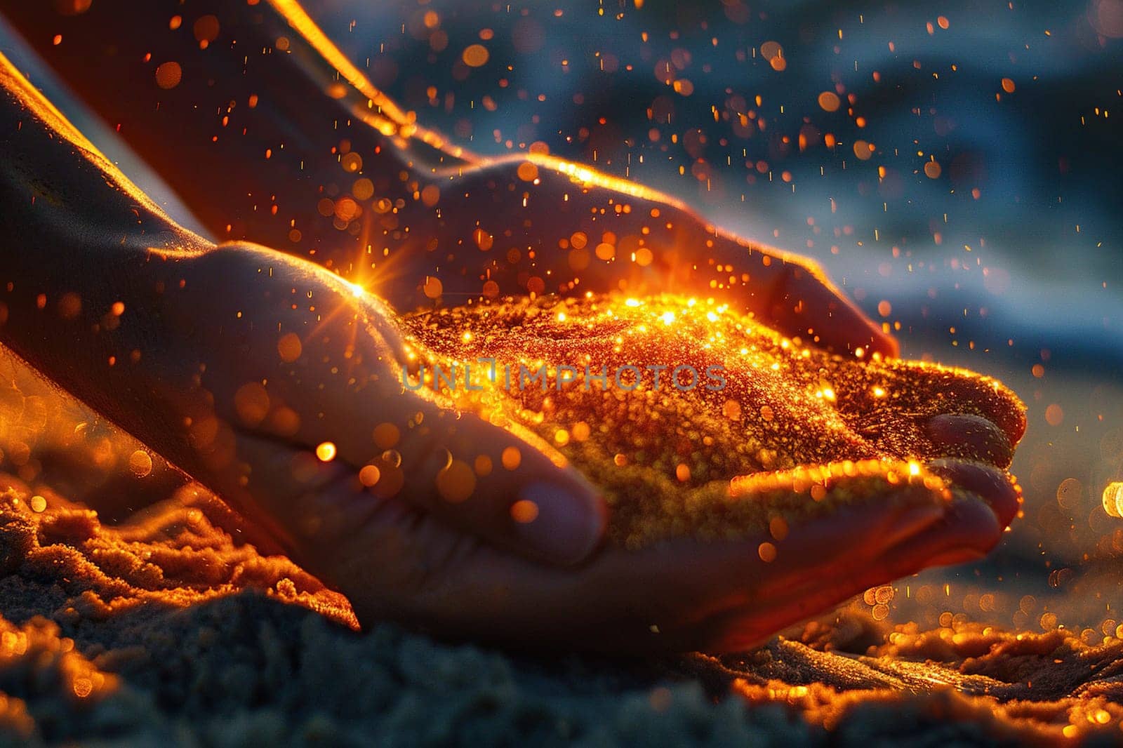 Golden sand in palms on the beach. Background with golden bokeh.