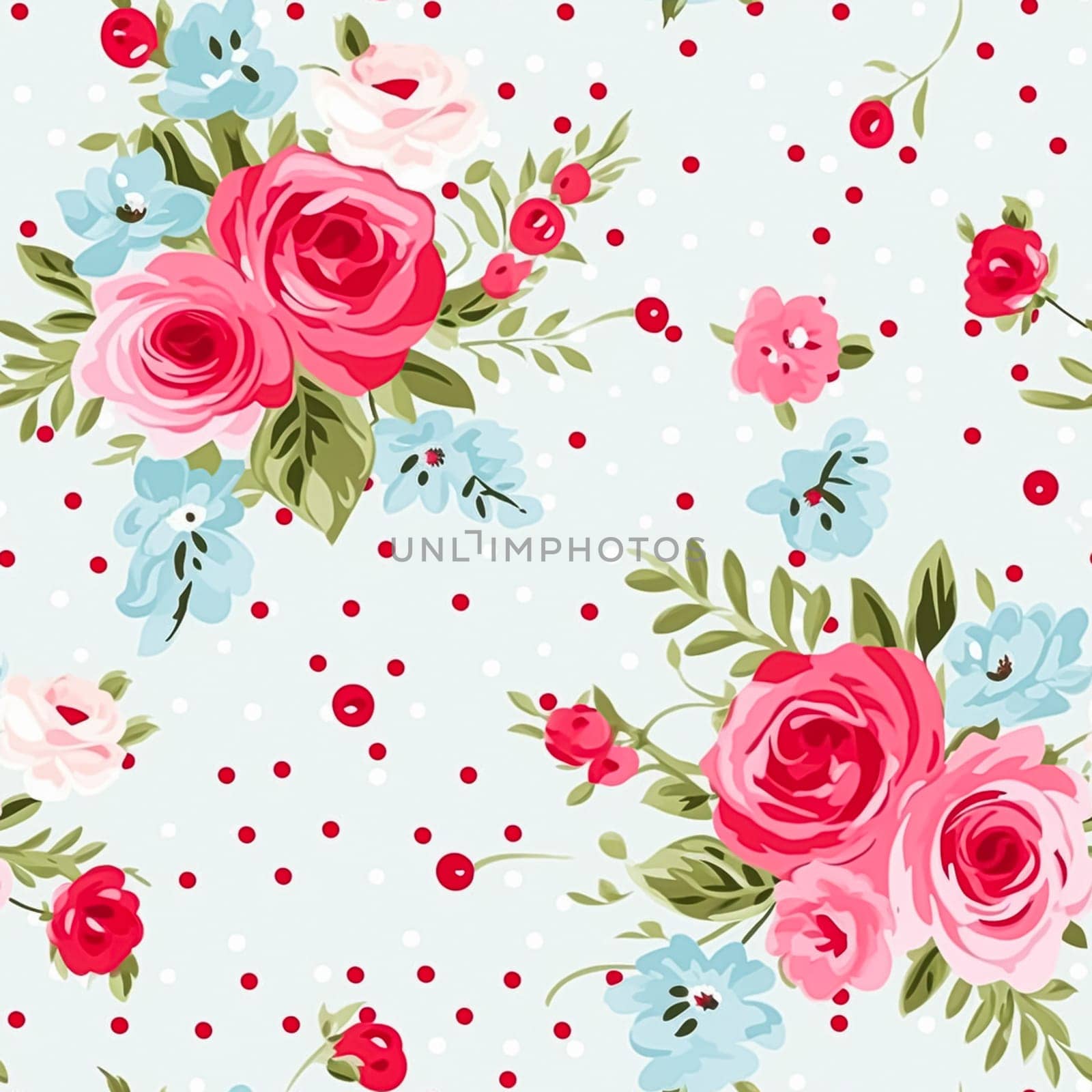 Seamless pattern, tileable floral country holiday print with roses, dots and flowers for wallpaper, wrapping paper, scrapbook, fabric and polka dot roses product design idea