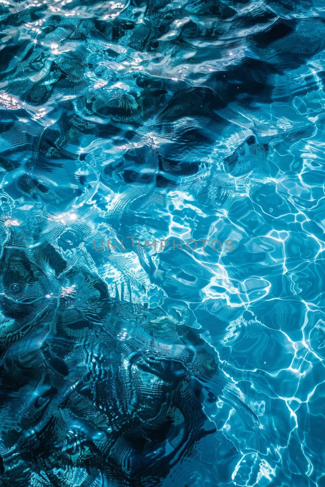 View from above of the crystal clear water along the shoreline with rocky seabed.