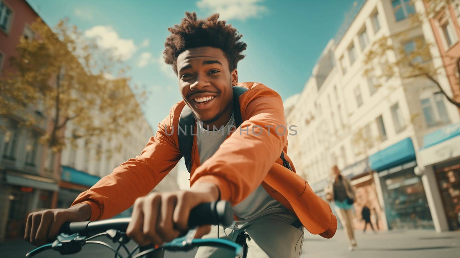 Happy cheerful smiling young african man riding a bicycle in the city, cyclist on bike moving along the street on a sunny summer day