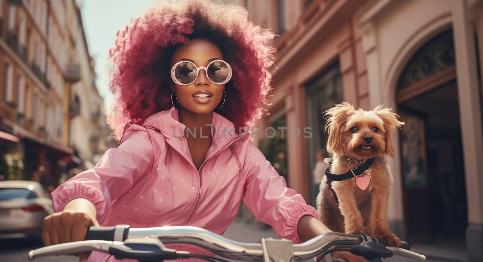 Stylish young african woman in pink with cute dog riding a bicycle in the city, black female cyclist on bike moving along the street on a summer day