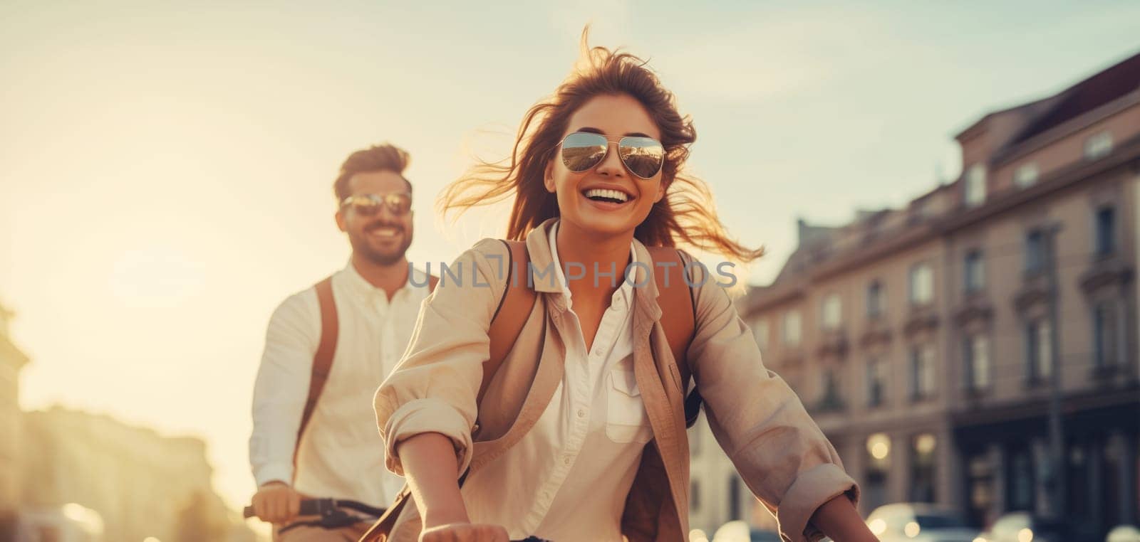 Happy cheerful young couple together riding a bicycle in the city, woman and man cyclists on bikes moving along the street on sunny summer day