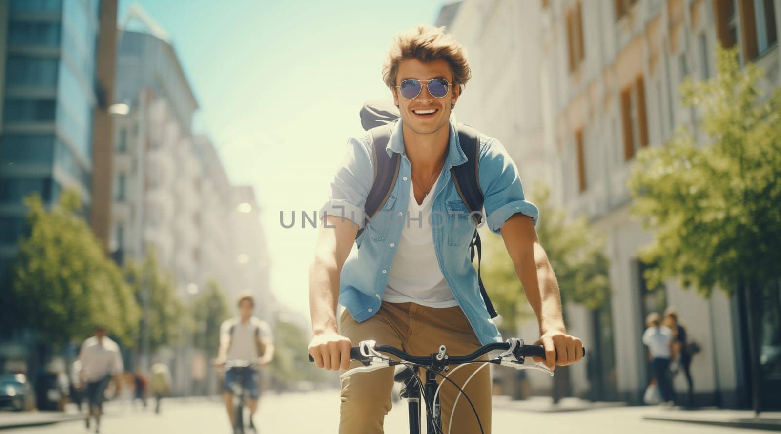 Happy cheerful smiling young man riding a bicycle in the city, cyclist on bike moving along the street on a summer day