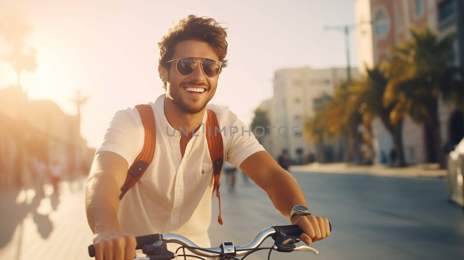Happy cheerful smiling young man riding a bicycle in the city, cyclist on bike moving along the street on a summer day