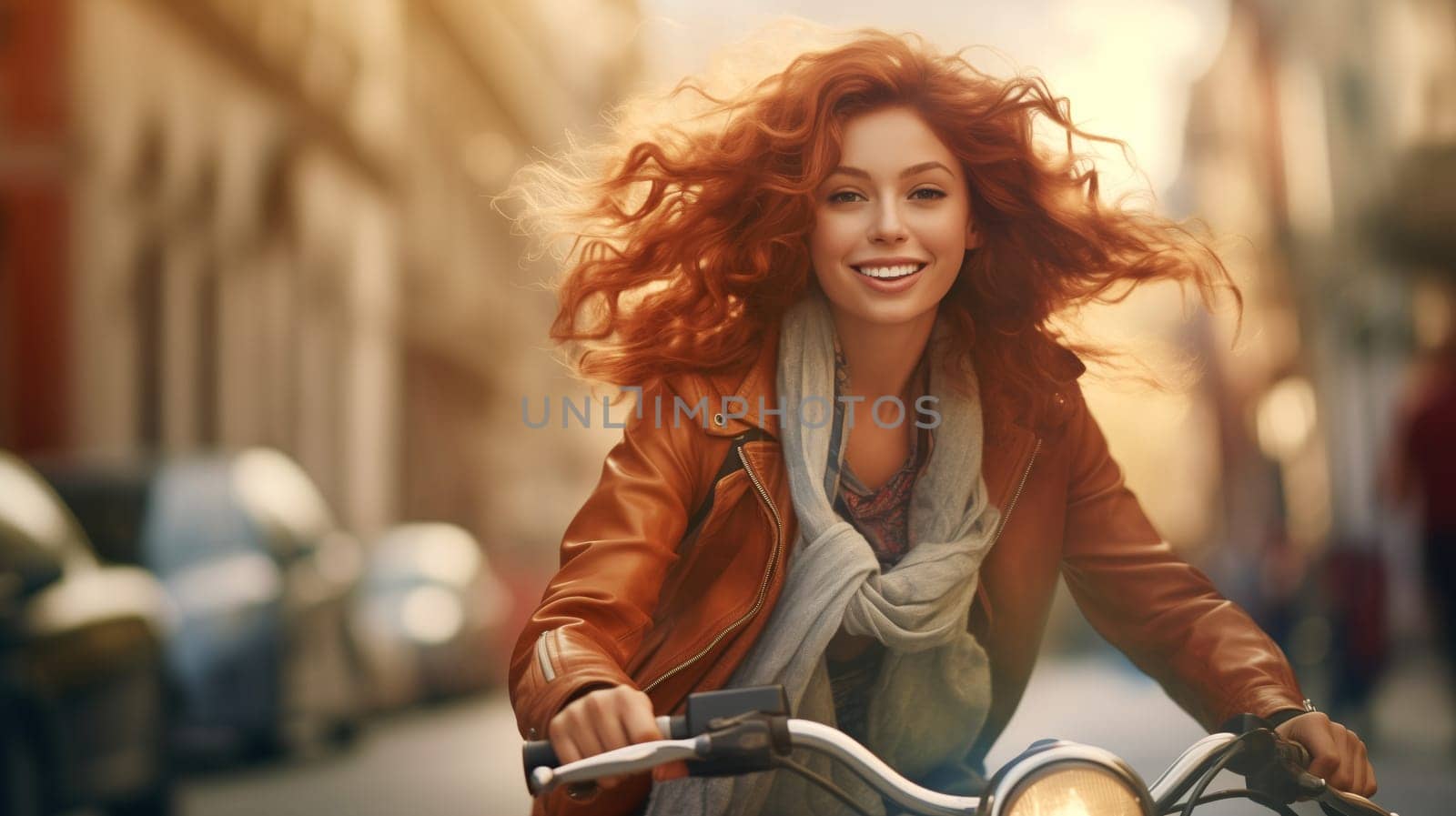 Happy cheerful smiling young woman riding a bicycle in the city, cyclist on bike moving along the street on a summer day