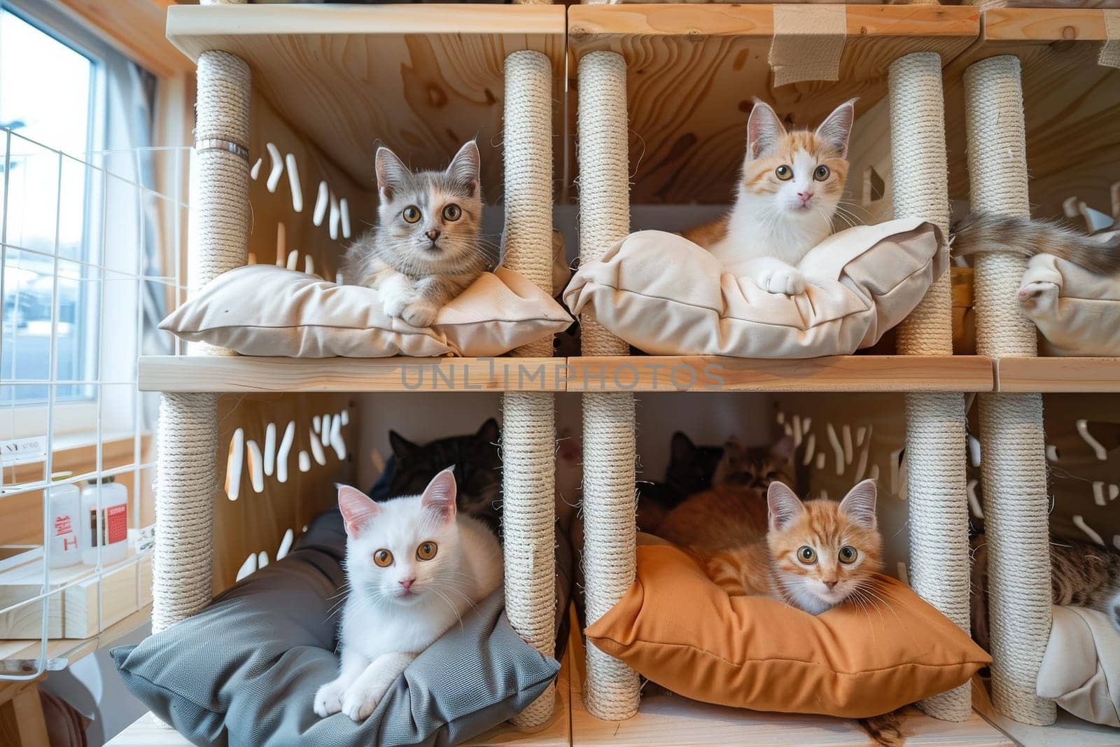 Three cats are sitting in a cat tree with a white cat on the top.