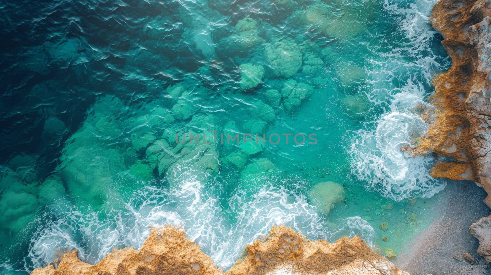 View from above of the crystal clear water along the shoreline with rocky seabed.