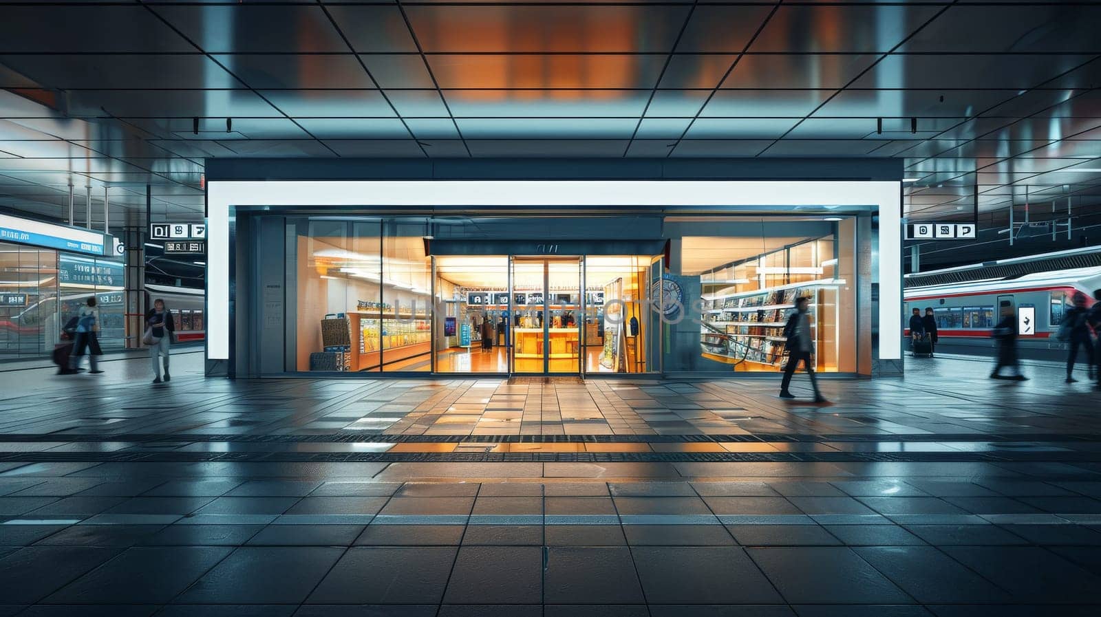 A group of people are walking into a store with a red and white sign. The store is brightly lit and has a welcoming atmosphere