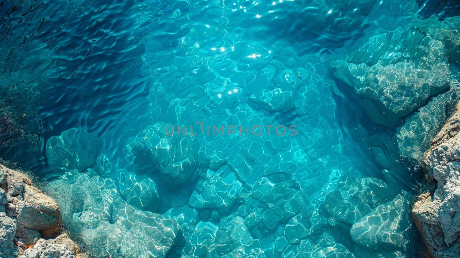 View from above of the crystal clear water along the shoreline with rocky seabed.