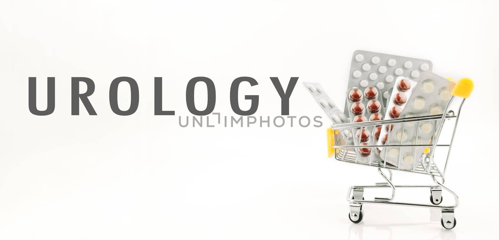 A shopping cart full of medicine for the urinary system. The cart is silver and has a yellow handle