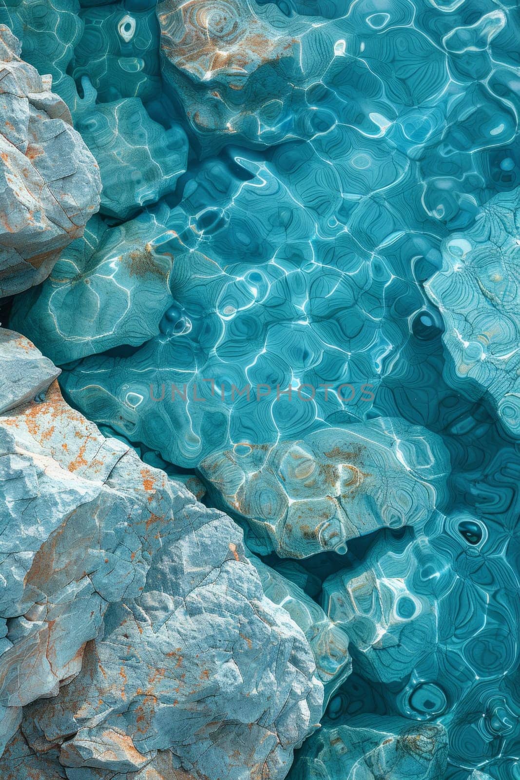 View from above of the crystal clear water along the shoreline with rocky seabed.