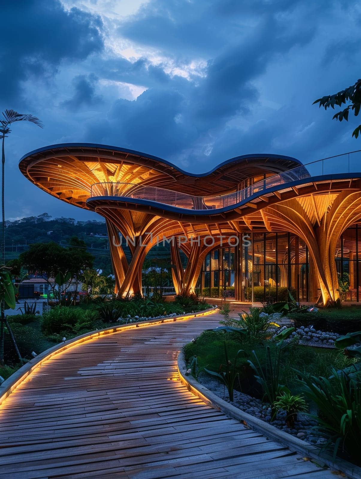 A large building with a wooden roof and a walkway leading up to it. The walkway is lit up and the building is surrounded by trees