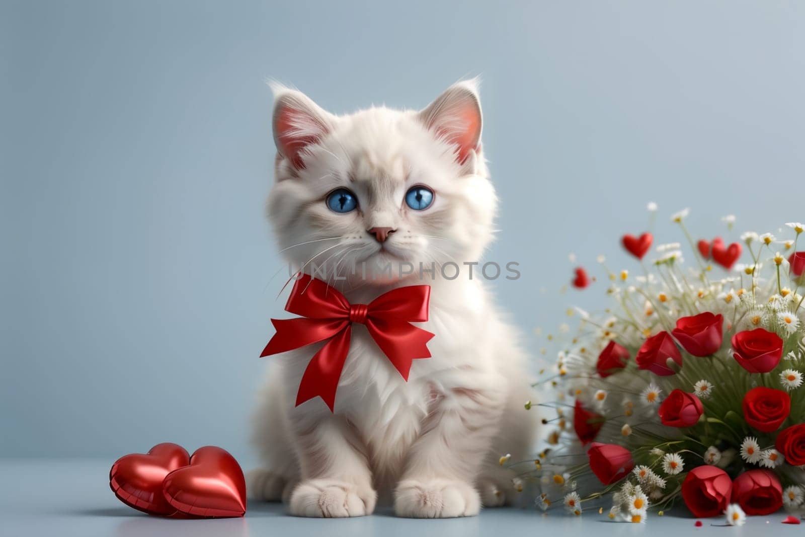 cute kitten with valentines isolated on blue background, greeting card .
