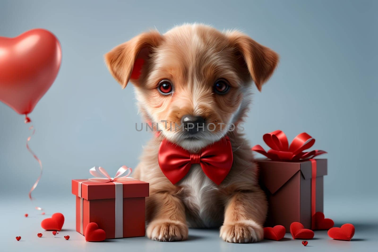 cute puppy with valentines isolated on blue background, greeting card .