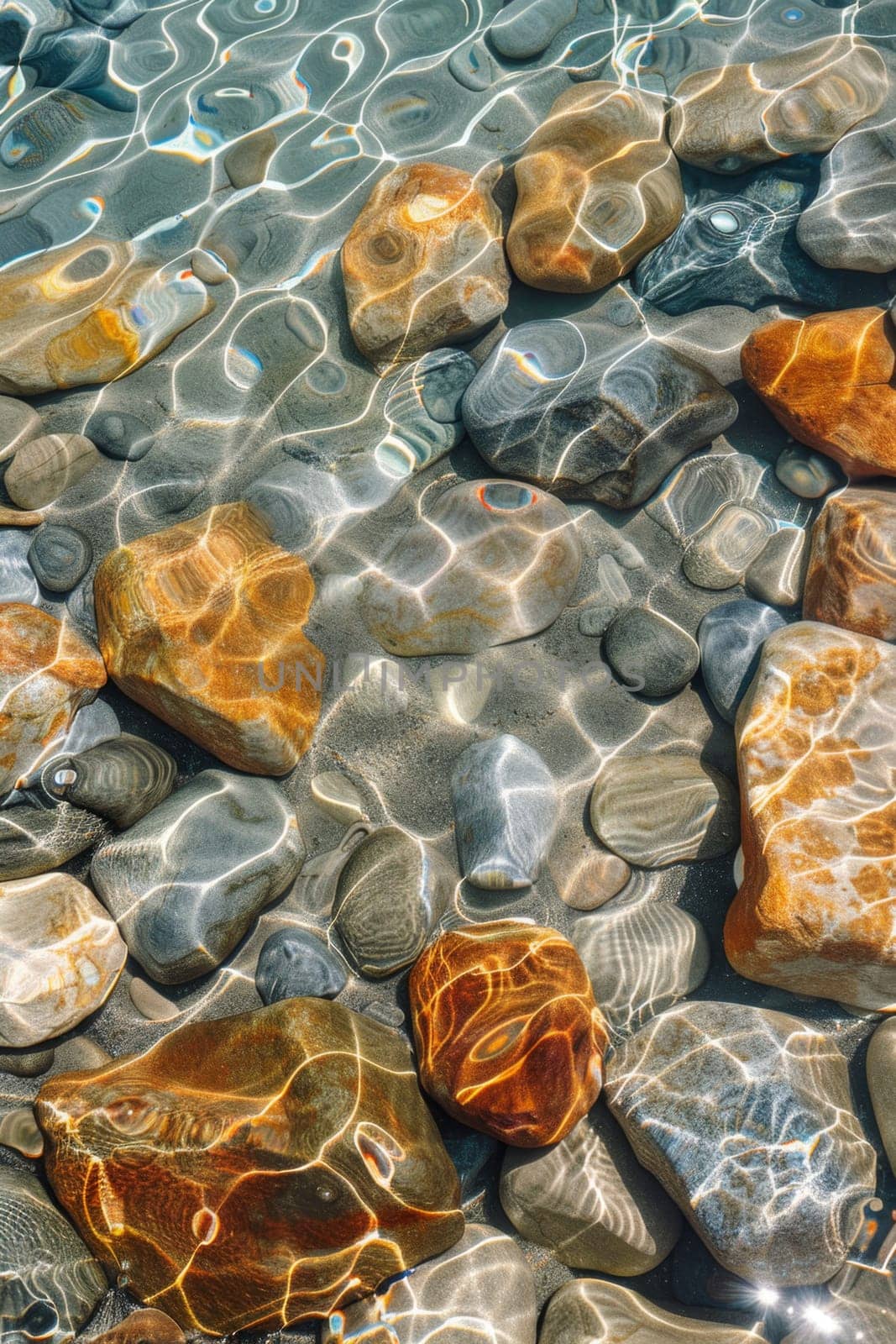 View from above of the crystal clear water along the shoreline with rocky seabed.