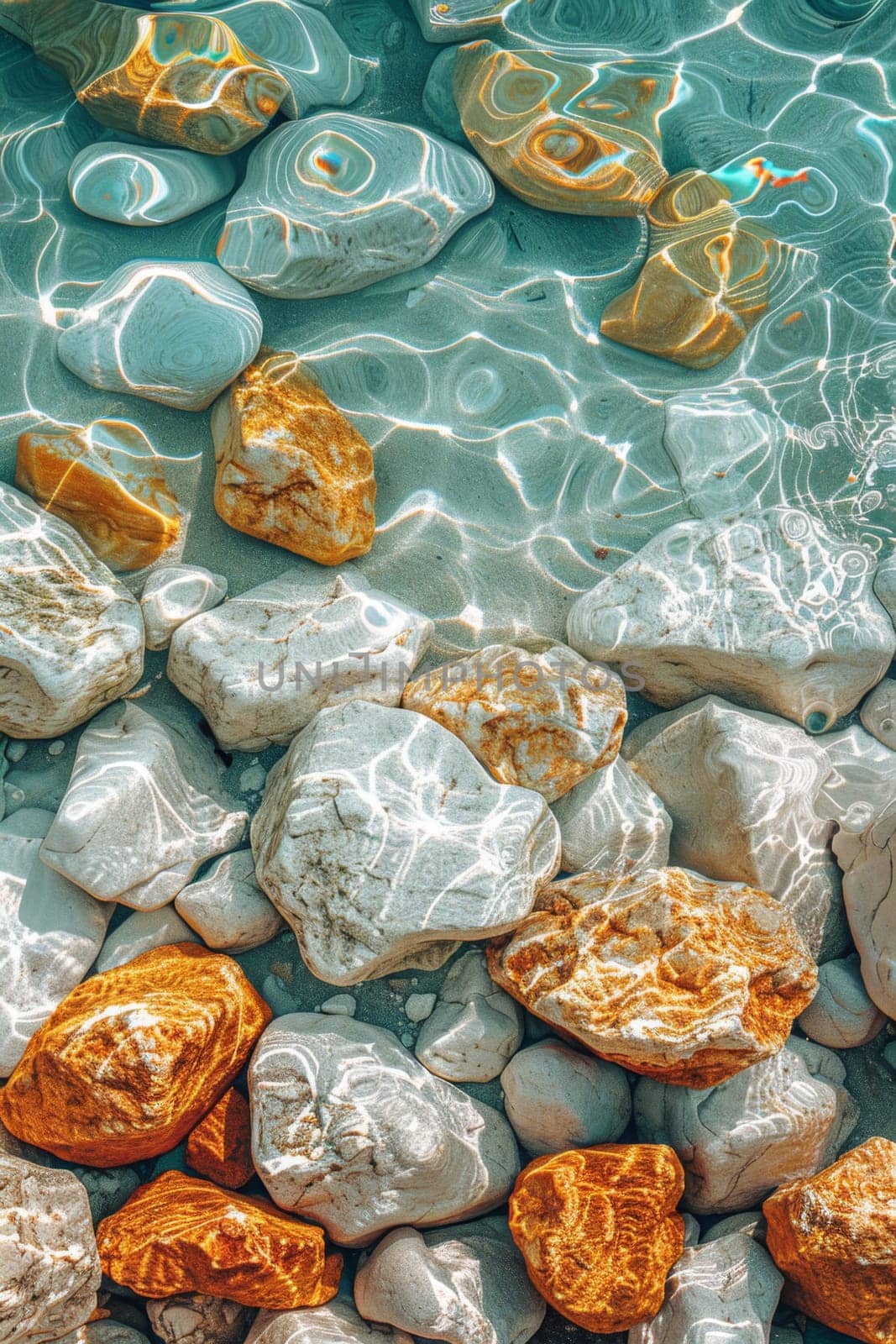 View from above of the crystal clear water along the shoreline with rocky seabed.