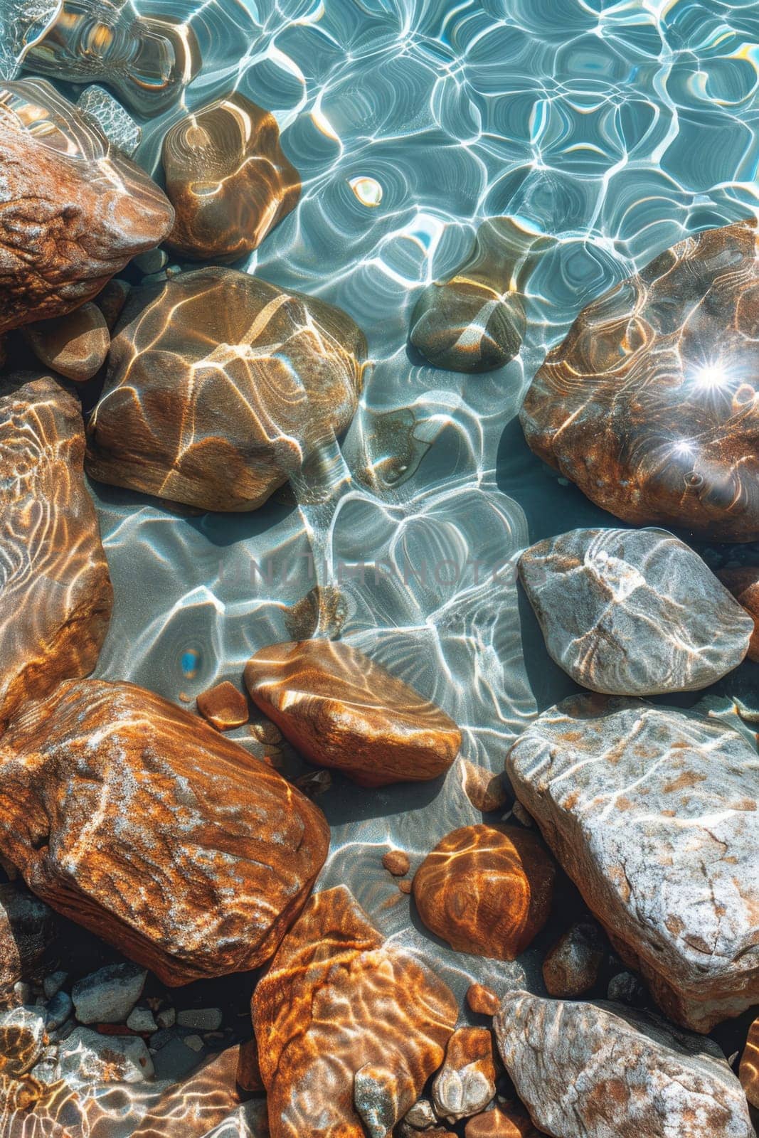 View from above of the crystal clear water along the shoreline with rocky seabed.