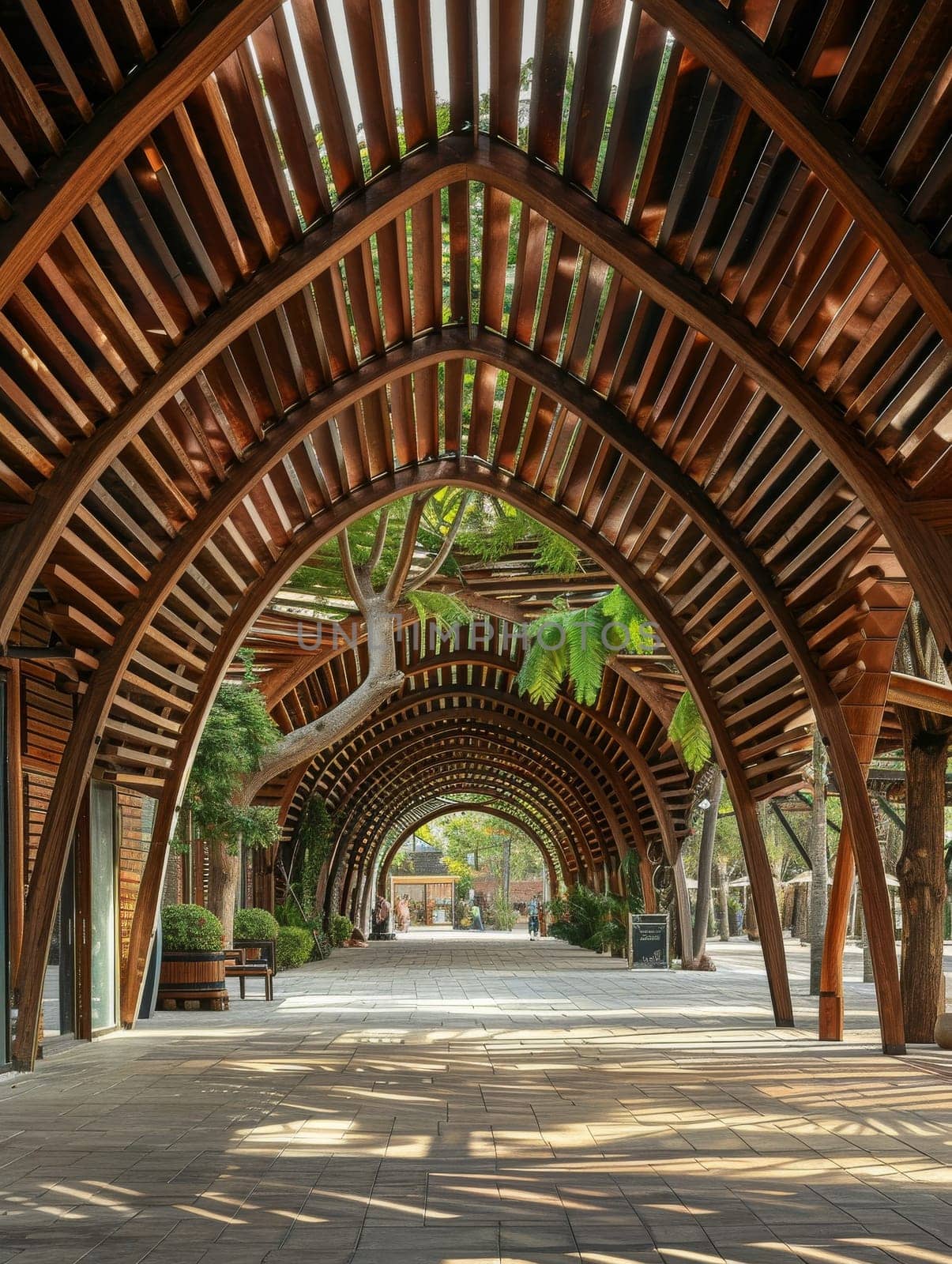 A large building with a wooden roof and a walkway leading up to it. The walkway is lit up and the building is surrounded by trees