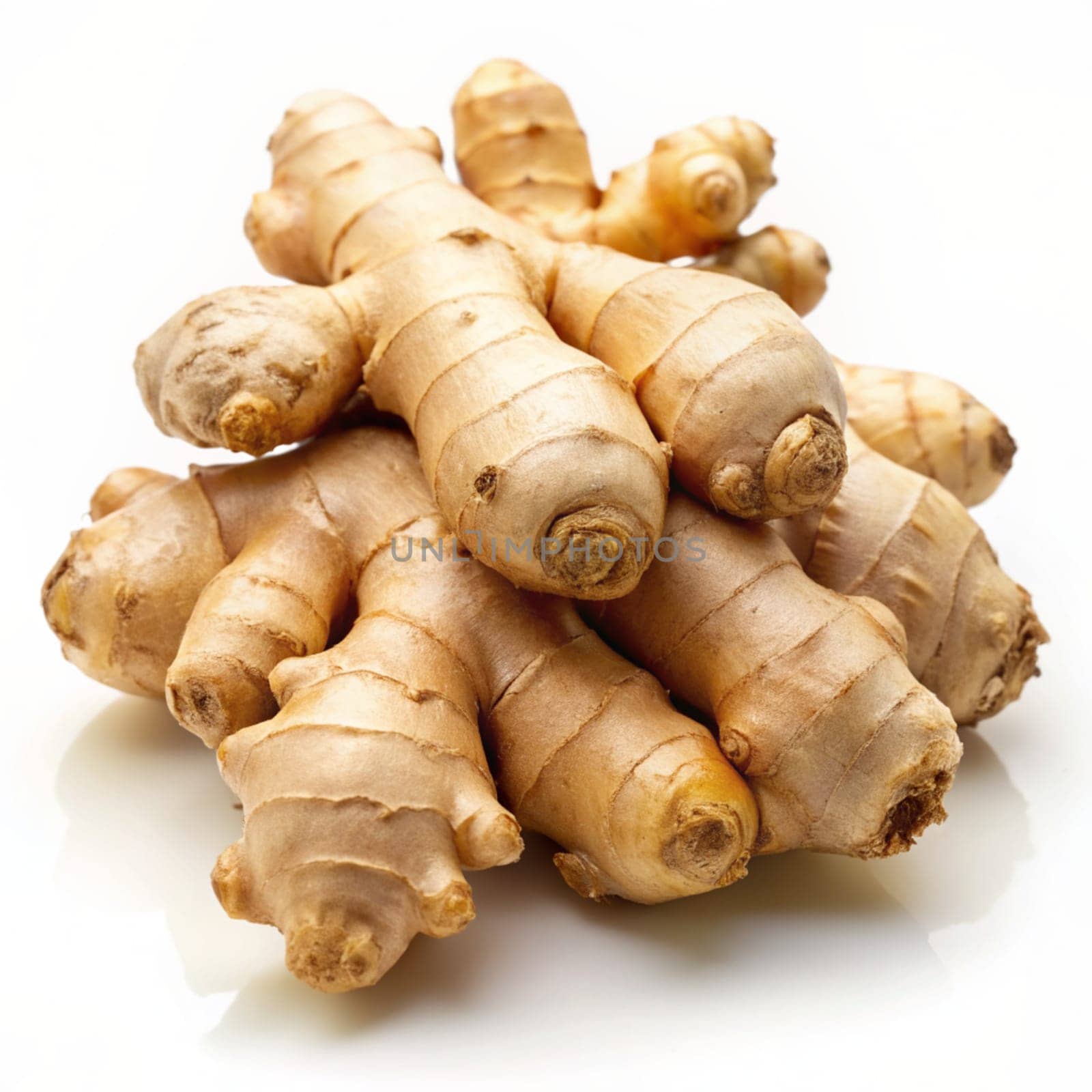 Fresh ginger roots isolated on white background. Ai generated by alenamoore