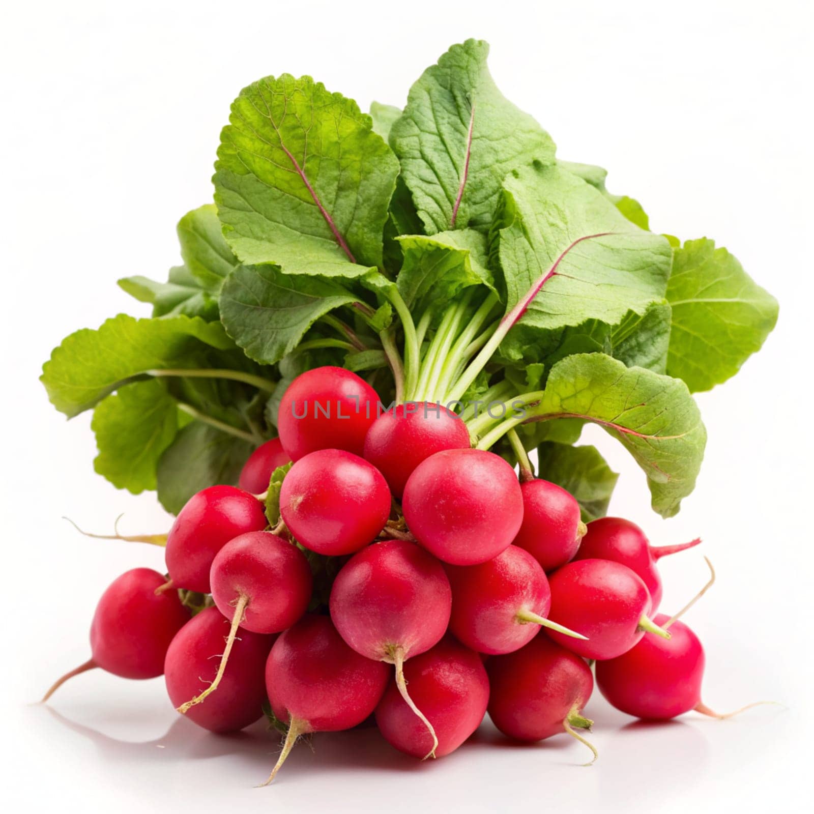 Bunch of fresh radish with leaves isolated on white background. Ai generated image