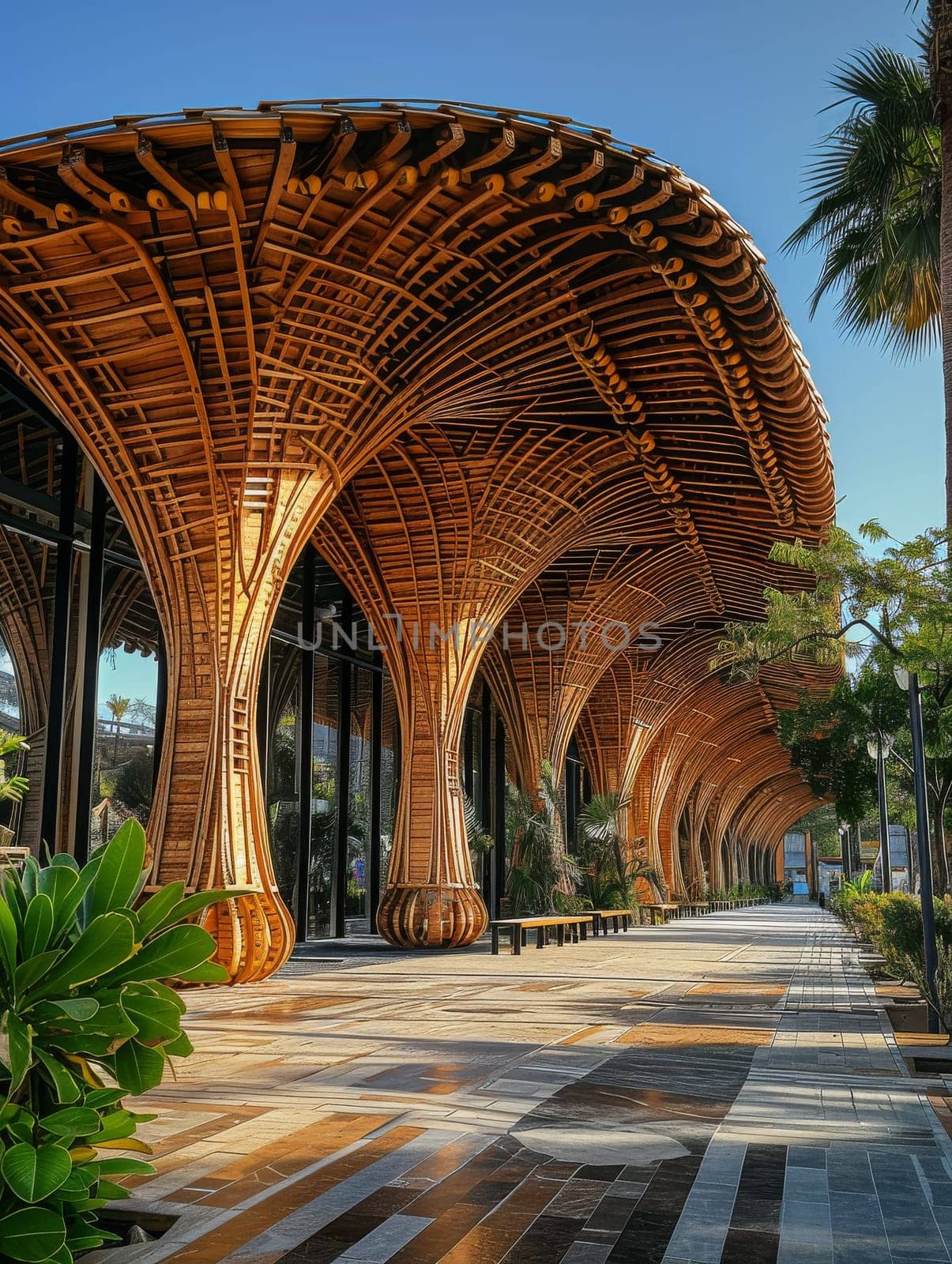 A large building with a wooden roof and a walkway leading up to it. The walkway is lit up and the building is surrounded by trees