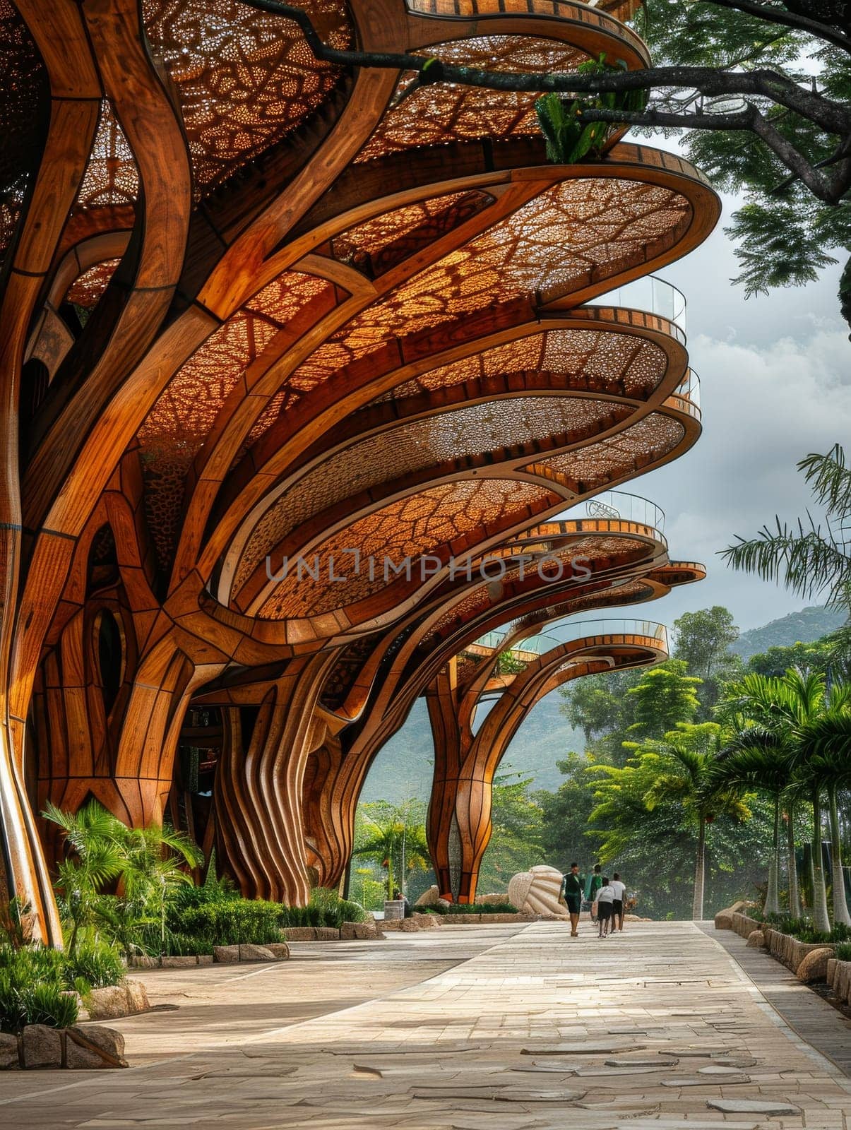 A large building with a wooden roof and a walkway leading up to it. The walkway is lit up and the building is surrounded by trees