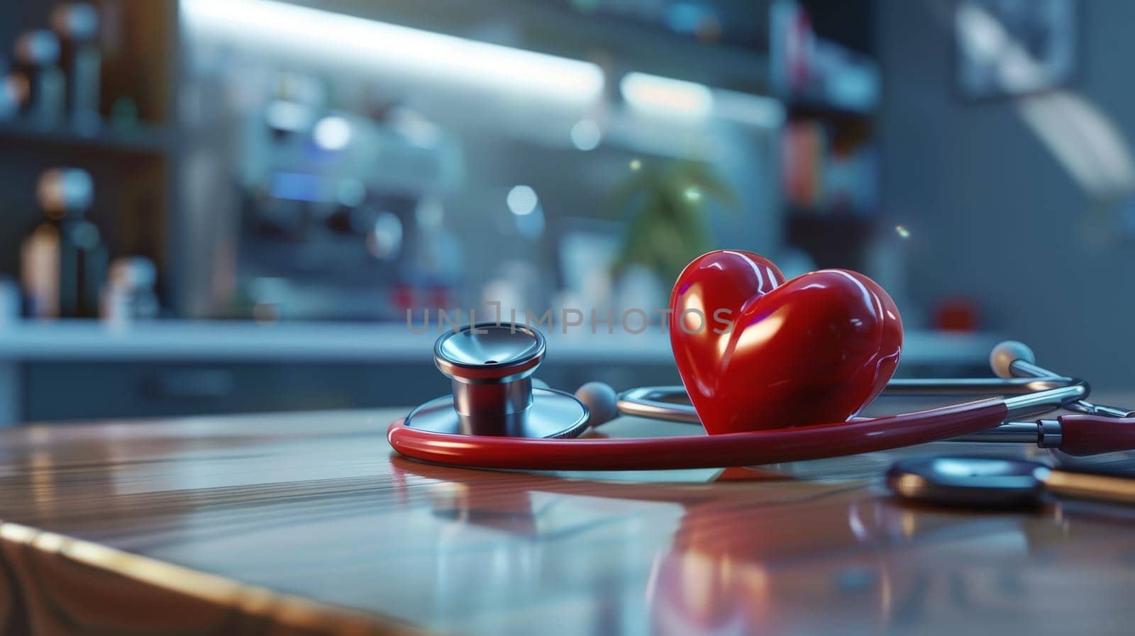 A stethoscope is placed on a table next to a red heart. Concept of care and concern for someone's health