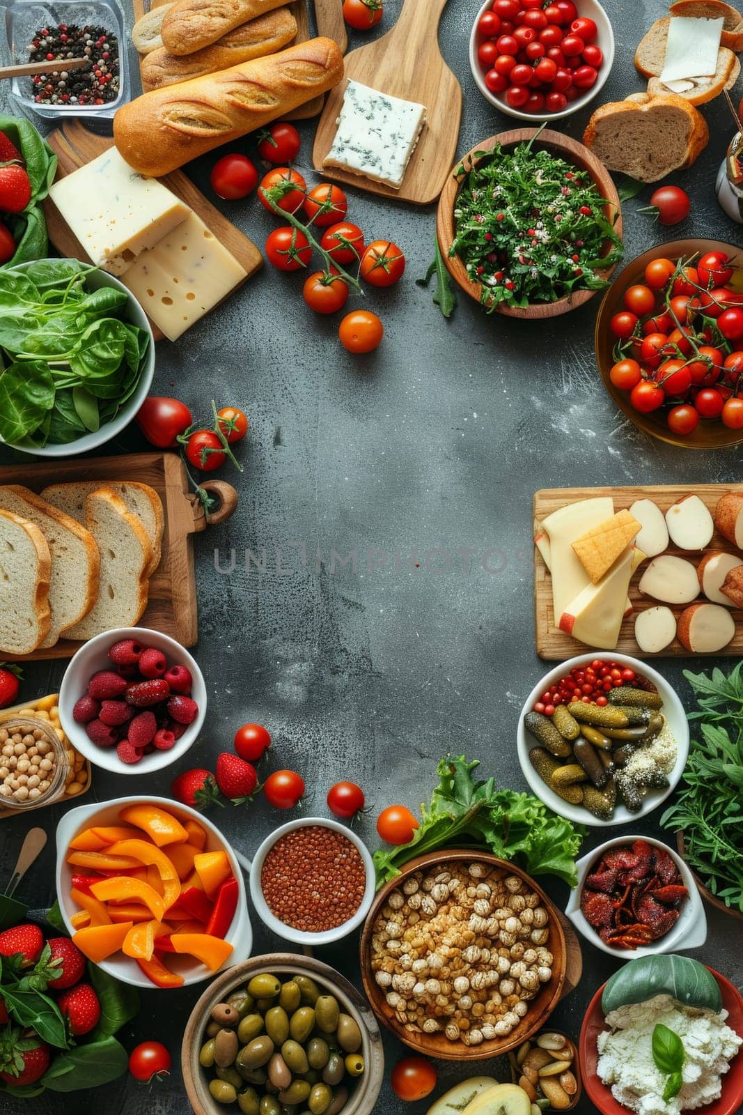 A table full of healthy food options including fruits, vegetables, and bread. The table is set up in a way that makes it easy to see and access all the food items