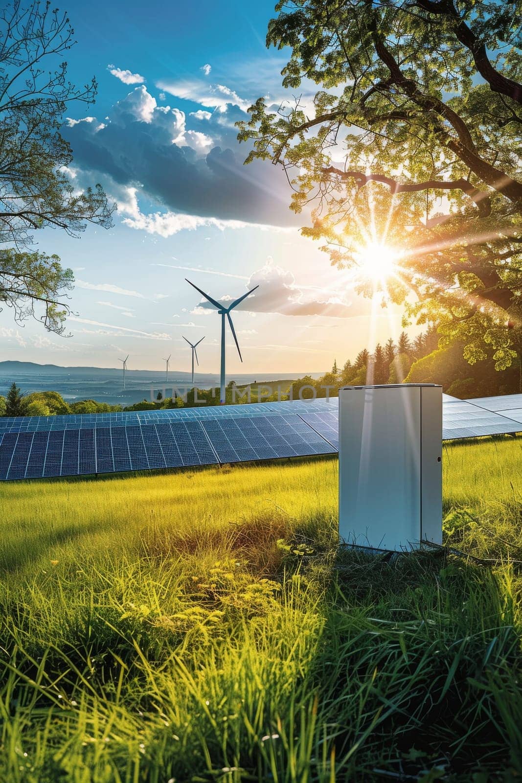 A field of grass with a windmill in the background. The sun is shining brightly on the grass