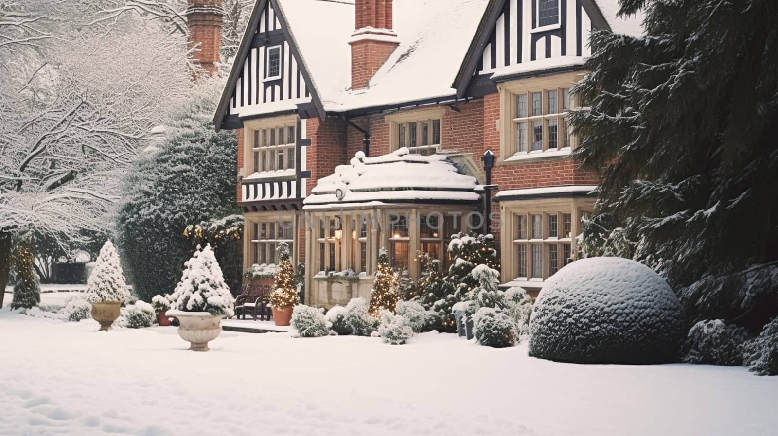 Christmas at the manor, English countryside style estate in winter with garden and festive exterior landscape decor