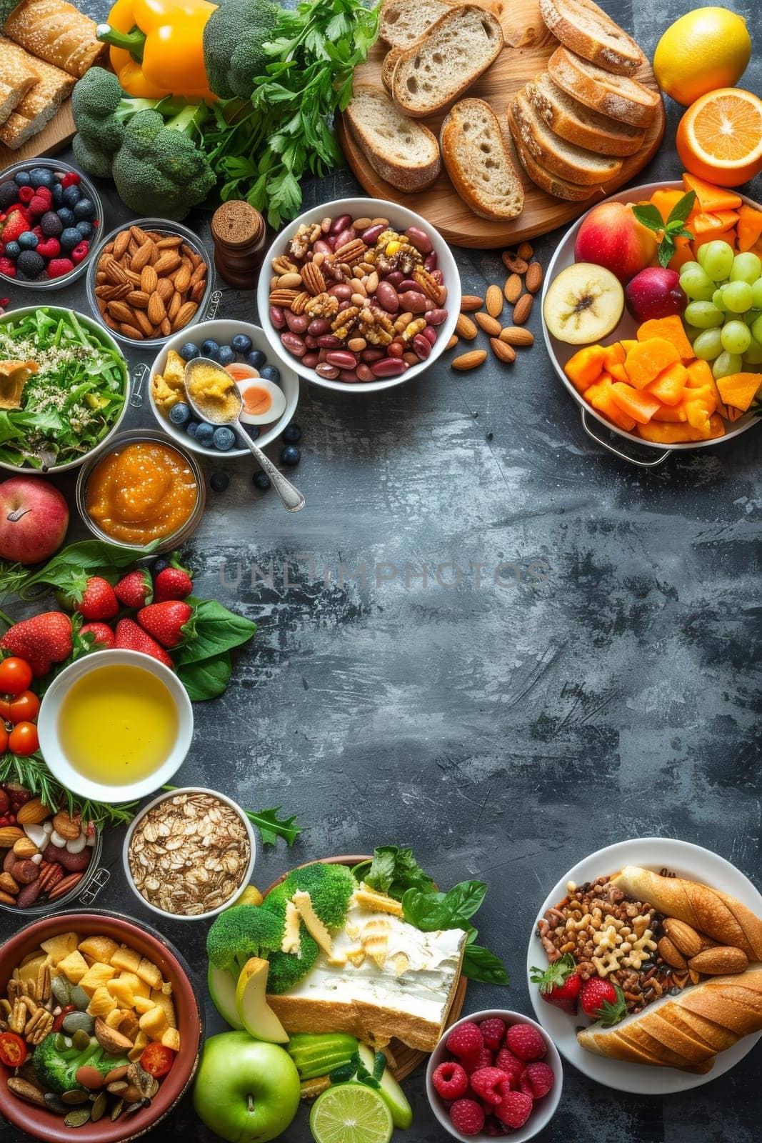 A table full of healthy food options including fruits, vegetables, and bread. The table is set up in a way that makes it easy to see and access all the food items