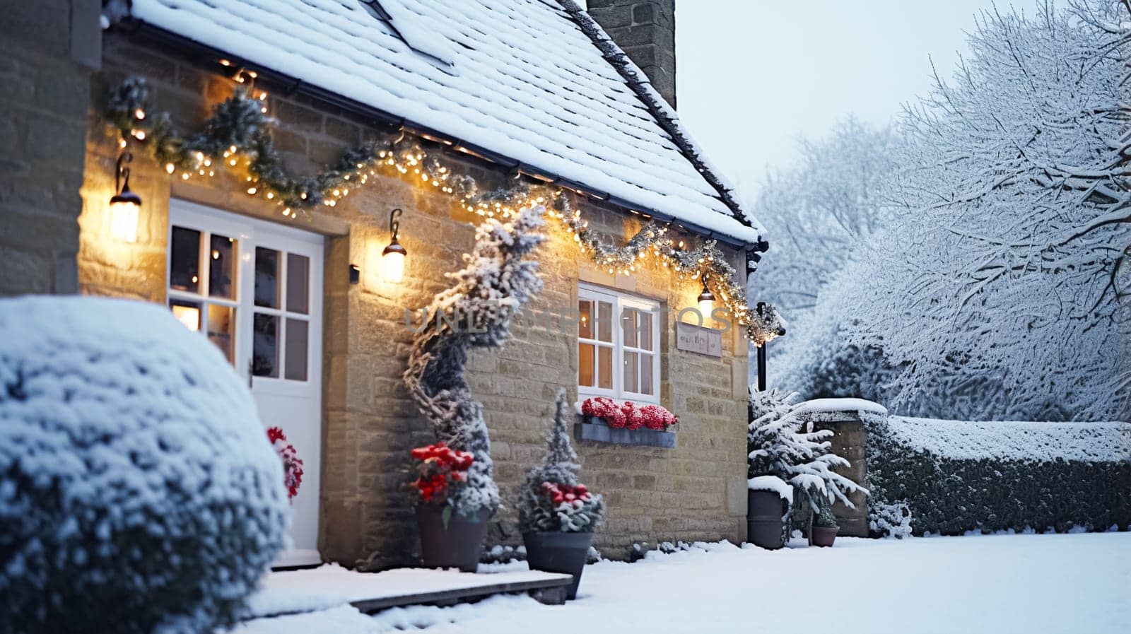 Christmas in the countryside, cottage and garden decorated for holidays on a snowy winter evening with snow and holiday lights, English country styling by Anneleven