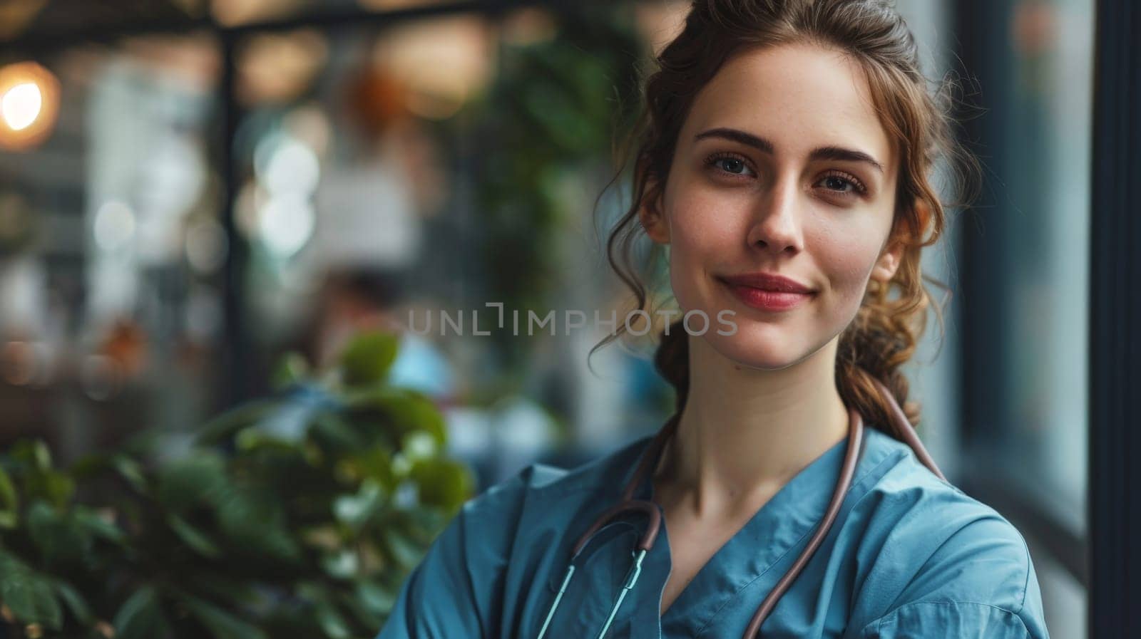 A woman doctor is wearing a blue coat and has a stethoscope.