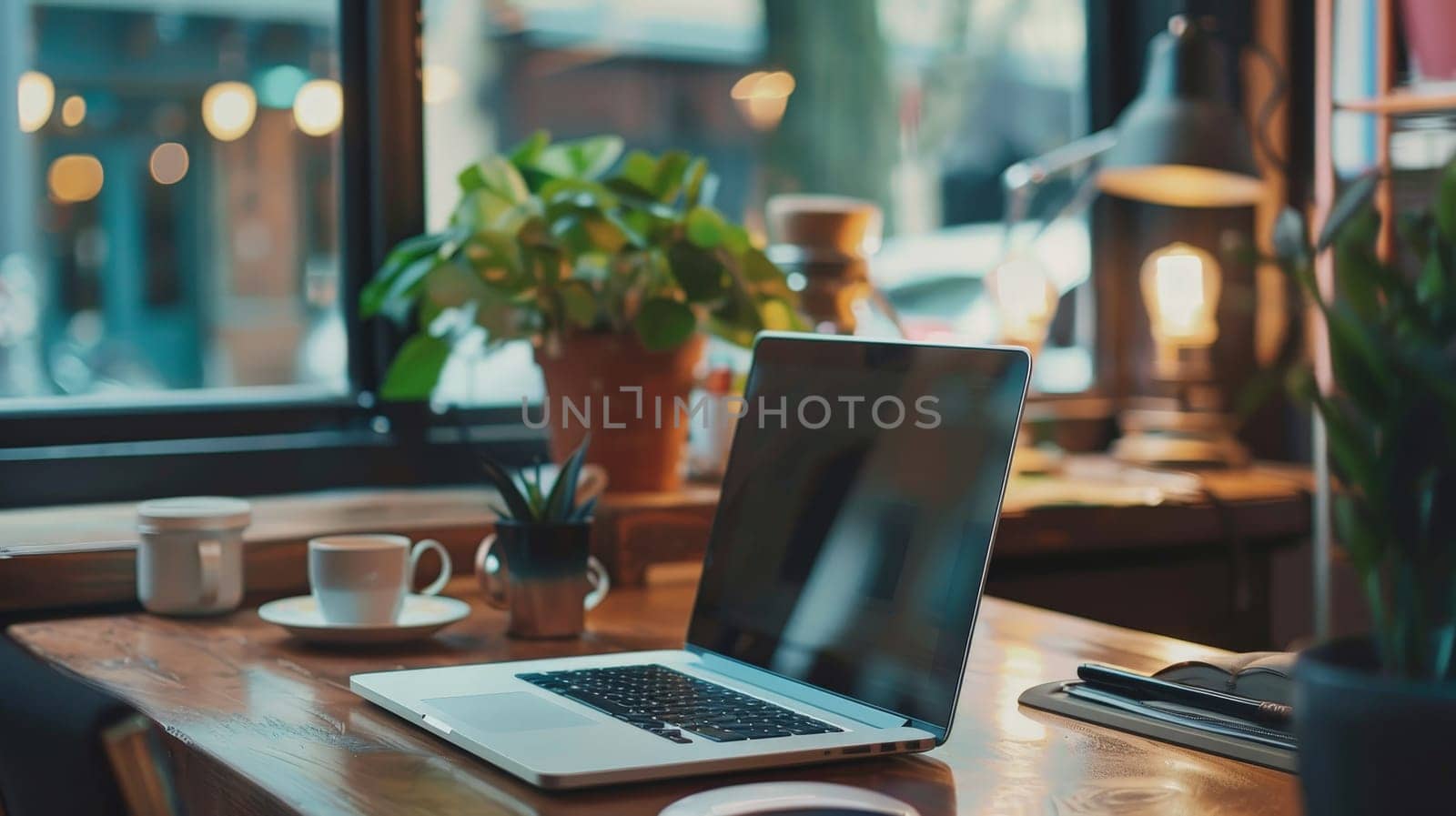 A laptop is open on a wooden desk with a potted plant next to it. The laptop is turned off, and the desk is cluttered with a cup, a keyboard, and a mouse. The scene suggests a relaxed