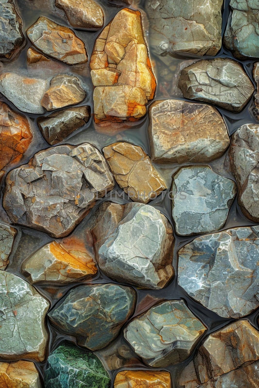 Abstract background of river stones of different structures. Stone background.