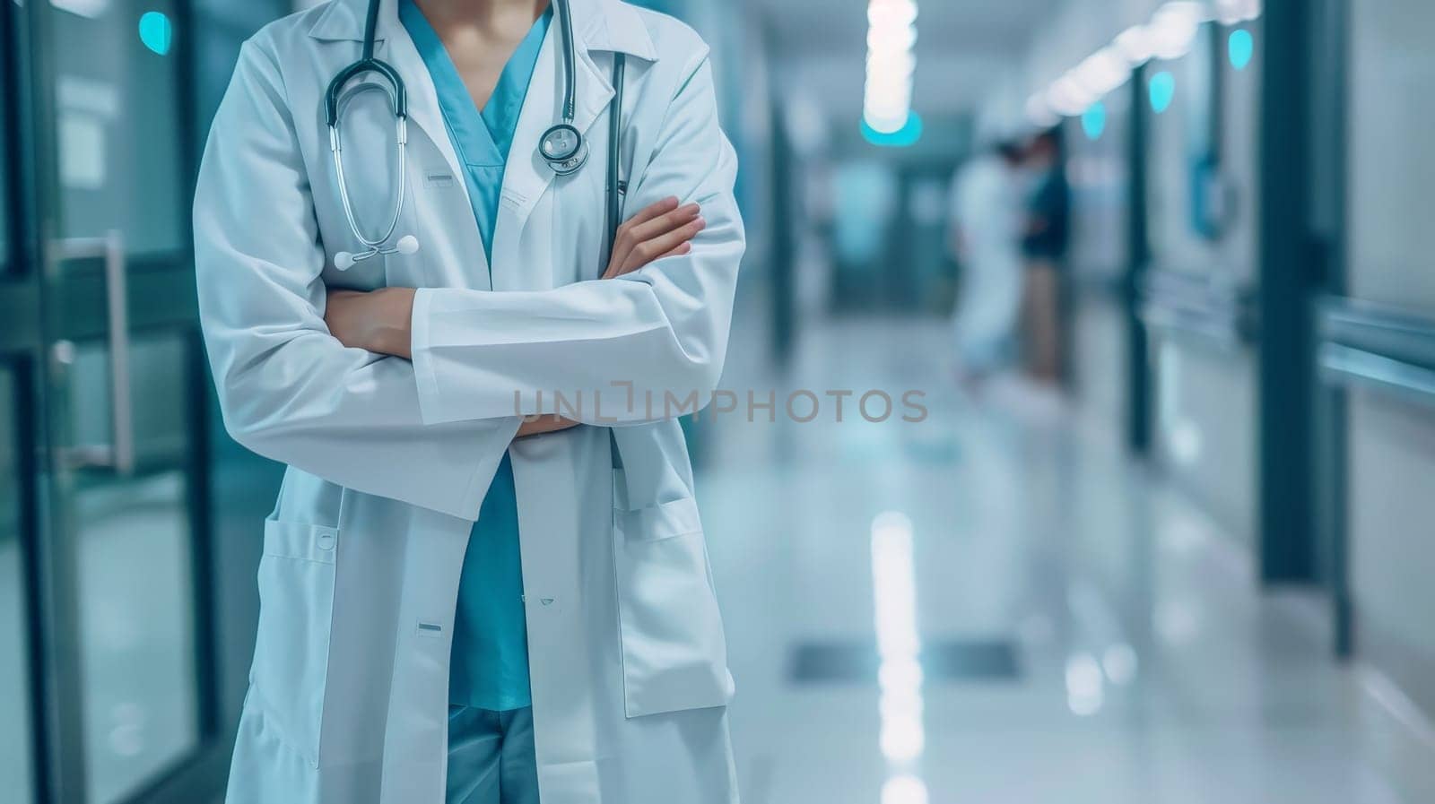 A woman doctor in a white coat stands in a hospital hallway with her arms crossed.