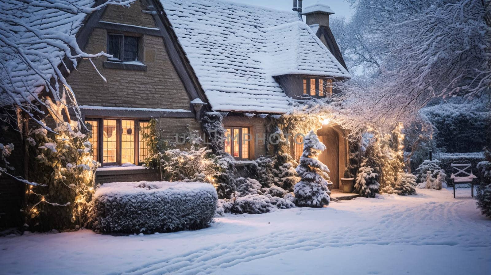 Christmas in the countryside, cottage and garden decorated for holidays on a snowy winter evening with snow and holiday lights, English country styling by Anneleven