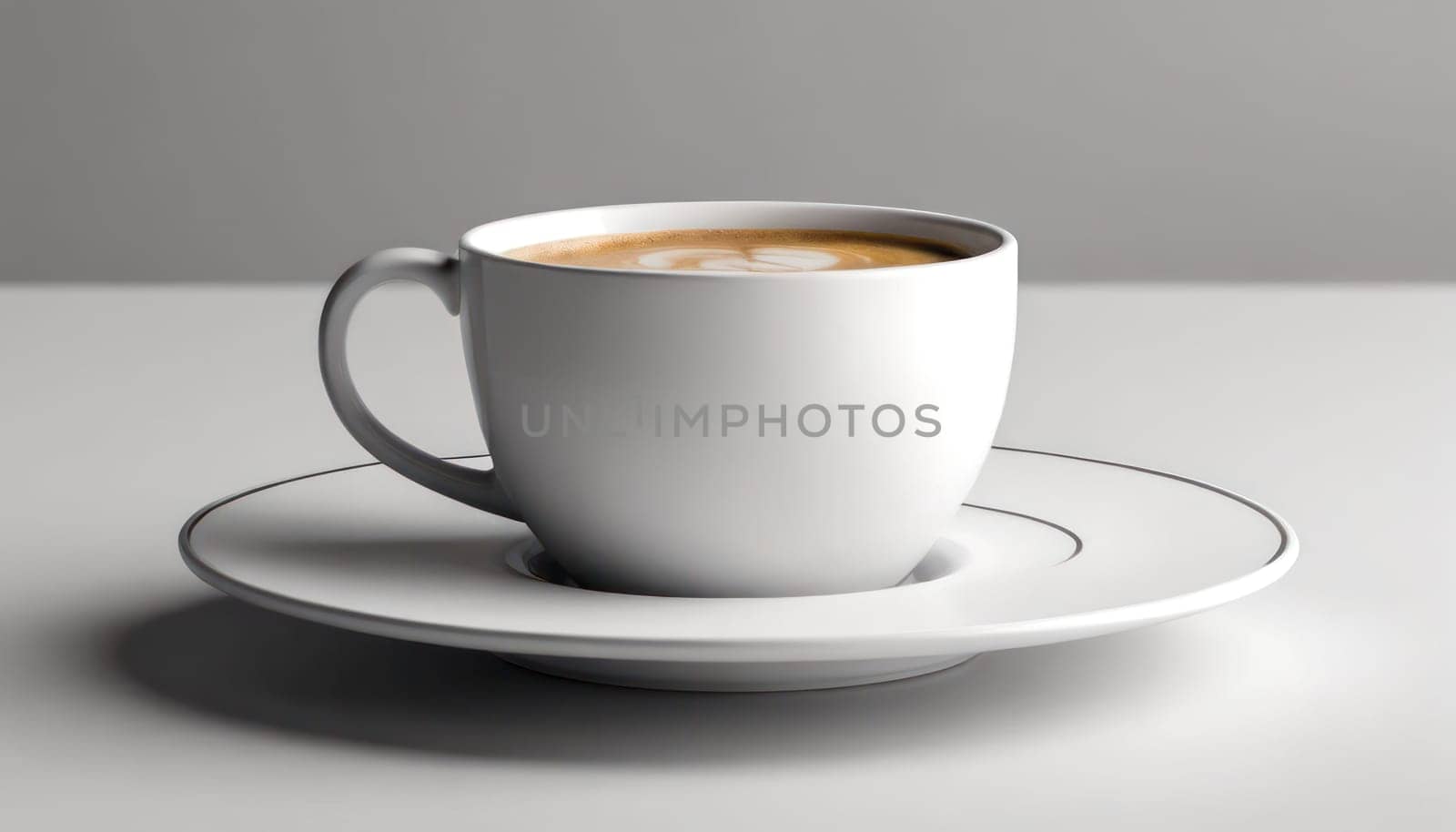 A hot cup of coffee on a saucer, set against a white background, casting a subtle shadow