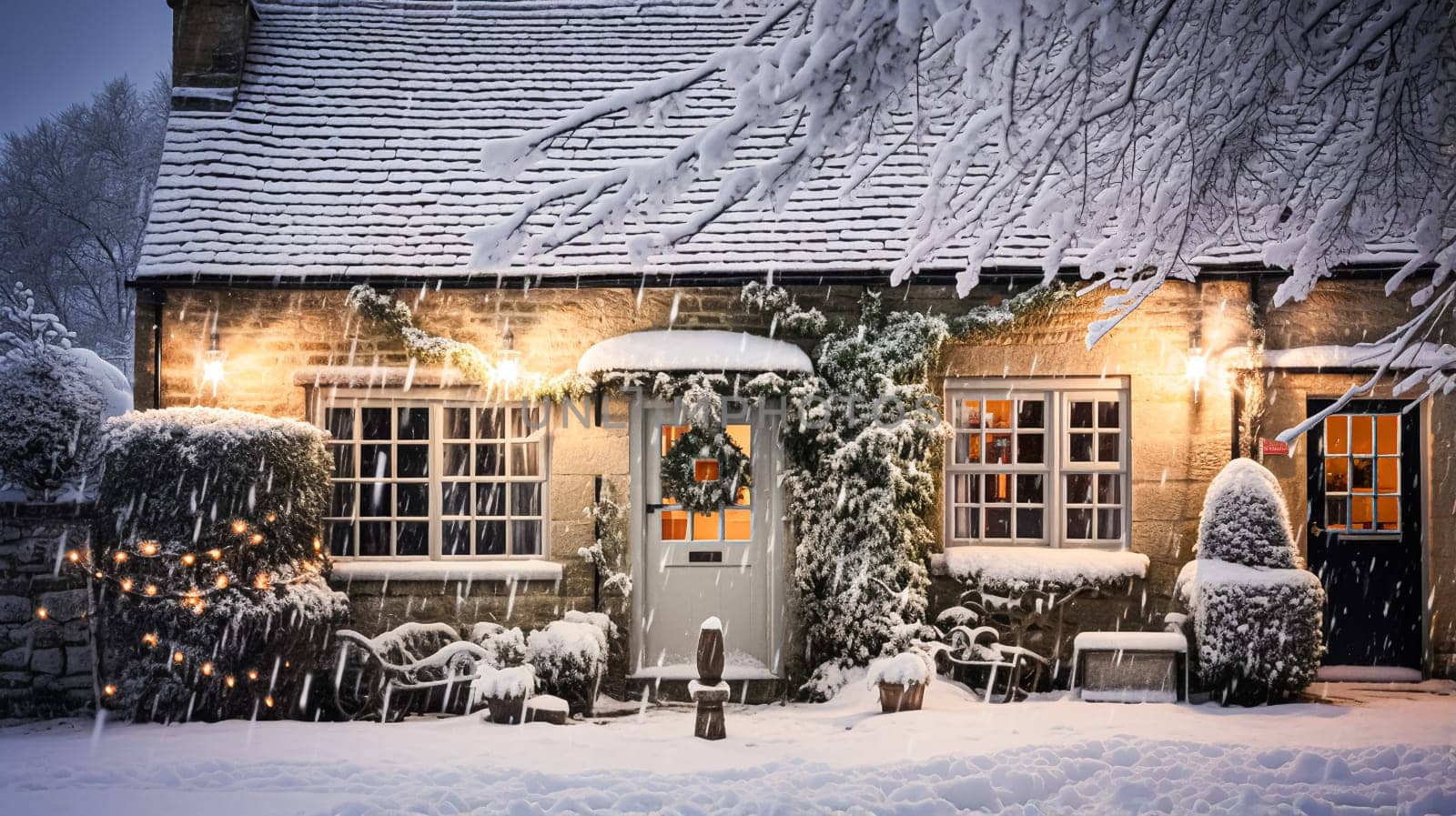 Christmas in the countryside, cottage and garden decorated for holidays on a snowy winter evening with snow and holiday lights, English country styling by Anneleven