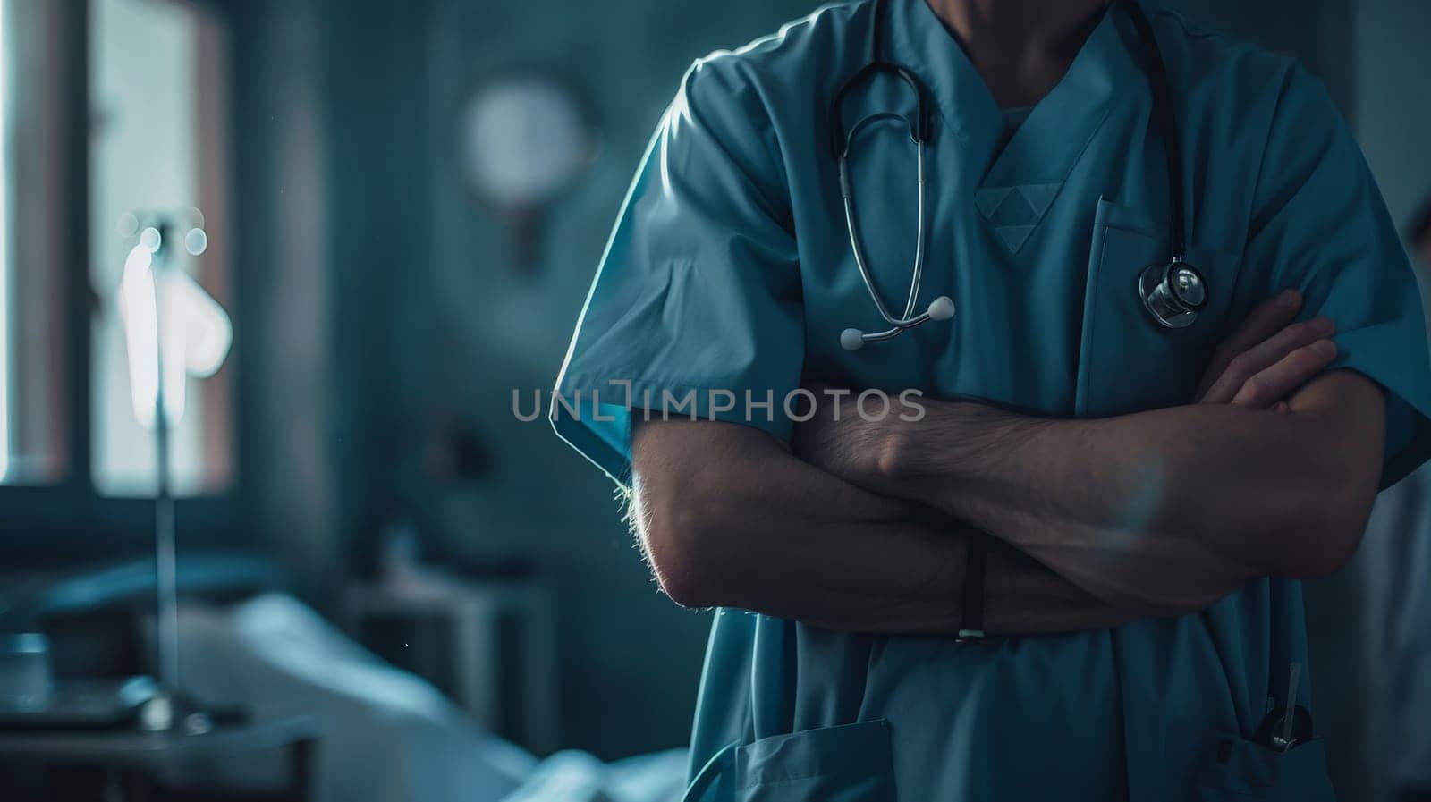 A doctor is wearing a blue coat and has a stethoscope.