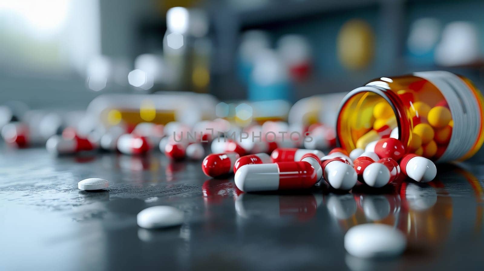 A bottle of pills is on a table with many pills scattered around it. The pills are red and white, and the bottle is almost empty
