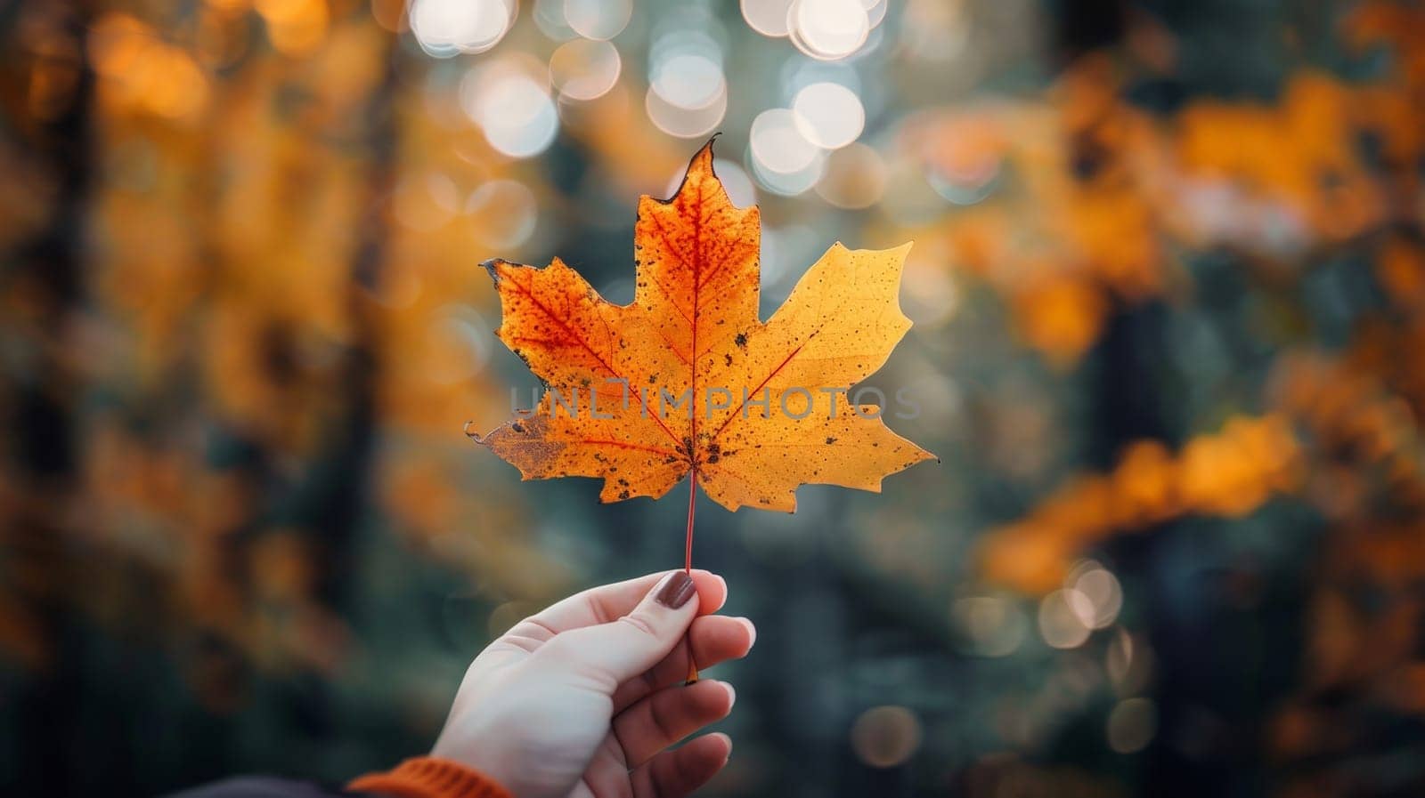 A person is holding a maple leaf in their hand, and the leaf is orange.