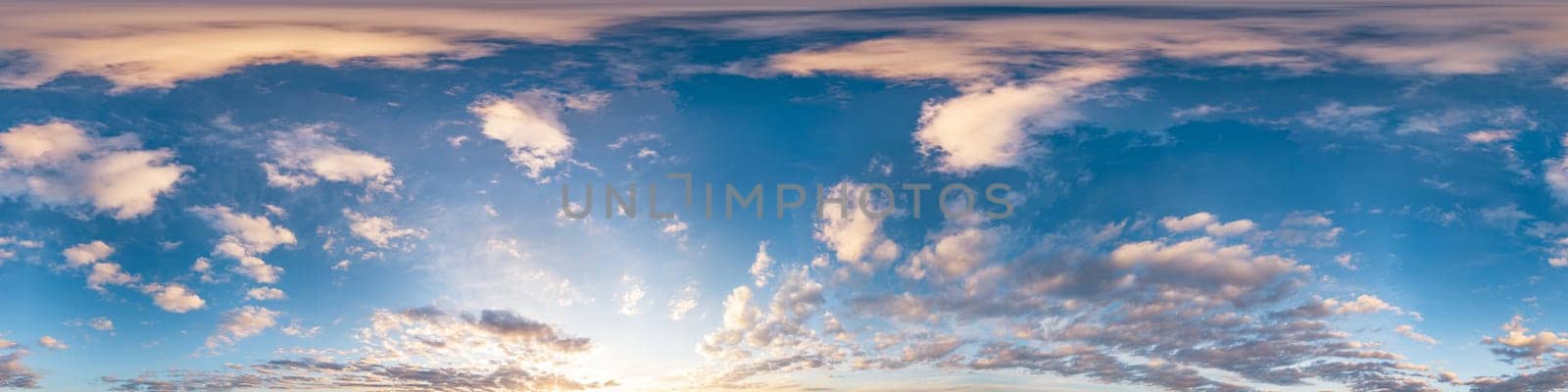 Sunset sky with bright glowing pink Cirrus clouds. Seamless spherical HDR 360 panorama. Full zenith or sky dome in 3D, sky replacement for aerial drone panoramas. Climate and weather change. by Matiunina